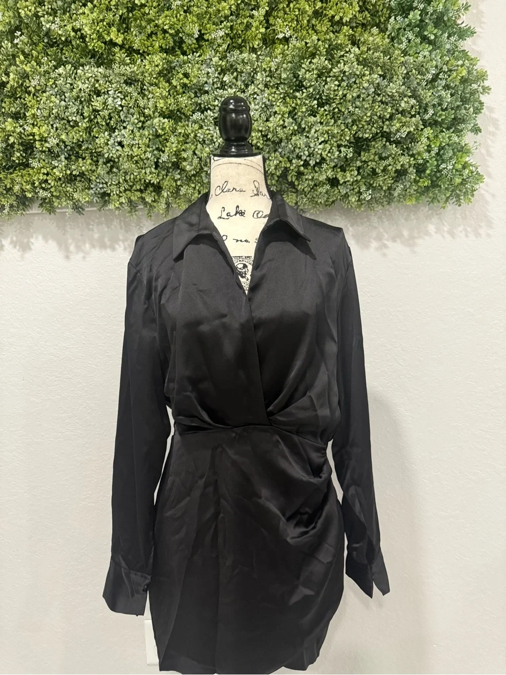 Zara Black Satin Wrap Shirt Mini Dress Long Sleeve Size L NWT